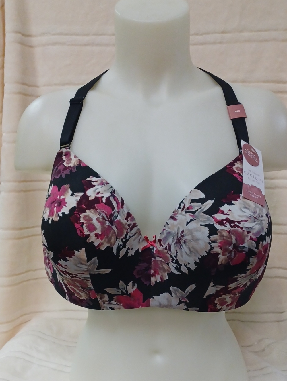 Cacique Black Floral Full Coverage Molded Bra with Pink Accents